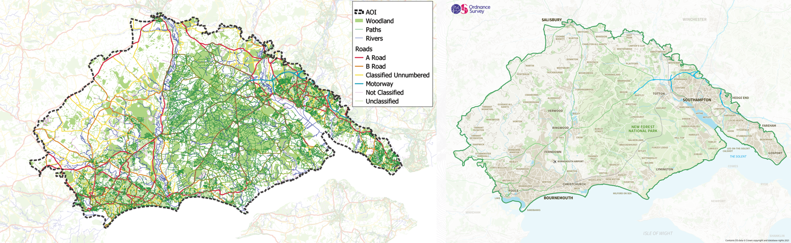 Two maps of southern England, including the New Forest, displayed side by side. The left map shows poor design with inconsistent colours, basic legend and poor execution of the map design brief. The right map applies good cartographic principles, featuring a clear color palette, consistent typography, and balanced layout for improved readability.