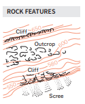 Section of the Ordnance Survey 1:25,000 Explorer map legend showing natural rock feature symbols. Includes representations for cliffs, rocky outcrops, and scree slopes, typically illustrated with black or grey patterns and stippling