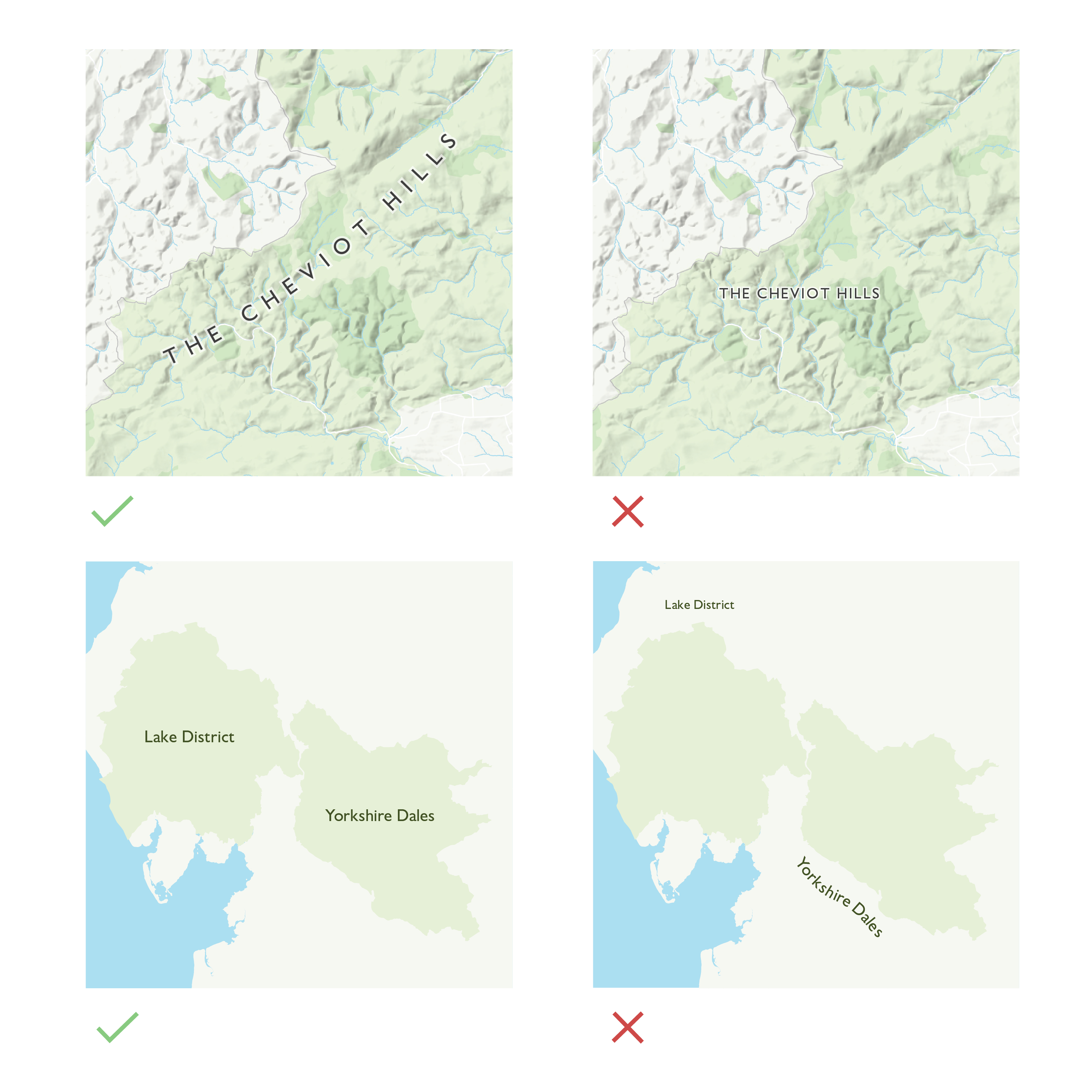 Map extract showing two examples of polygon labeling: a ‘how to’ example with the label placed clearly inside the polygon, following its shape and avoiding overlap with boundaries, and a ‘how not to’ example where the label is misaligned, outside the polygon, or obscuring other features