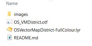 Screenshot showing the list of files required to use OS Open Zoomstack in ArcGIS Pro. The interface displays folders and files such as layer files, symbol sets, and fonts needed for proper map styling and visualization