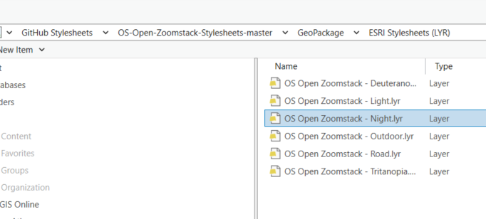 Screenshot of the downloaded GitHub repository page showing the layer files available for use in ArcGIS Pro with OS Open Zoomstack. The interface lists downloadable .lyrx layer files organized by map styles.