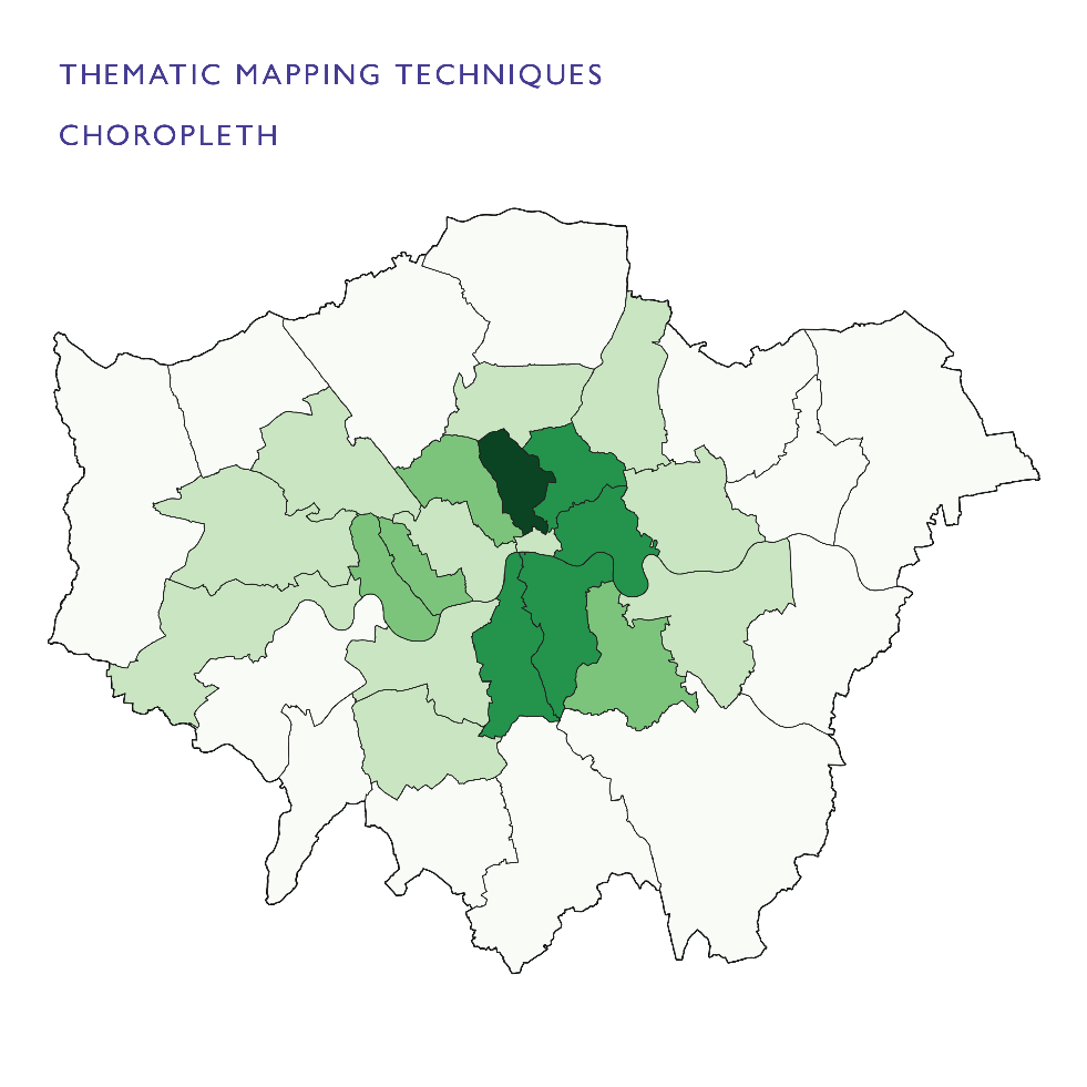 Choropleth map of London shaded in varying tones of green to represent data values. Darker green areas indicate higher values, while lighter green areas show lower values, displayed across the city’s boundaries