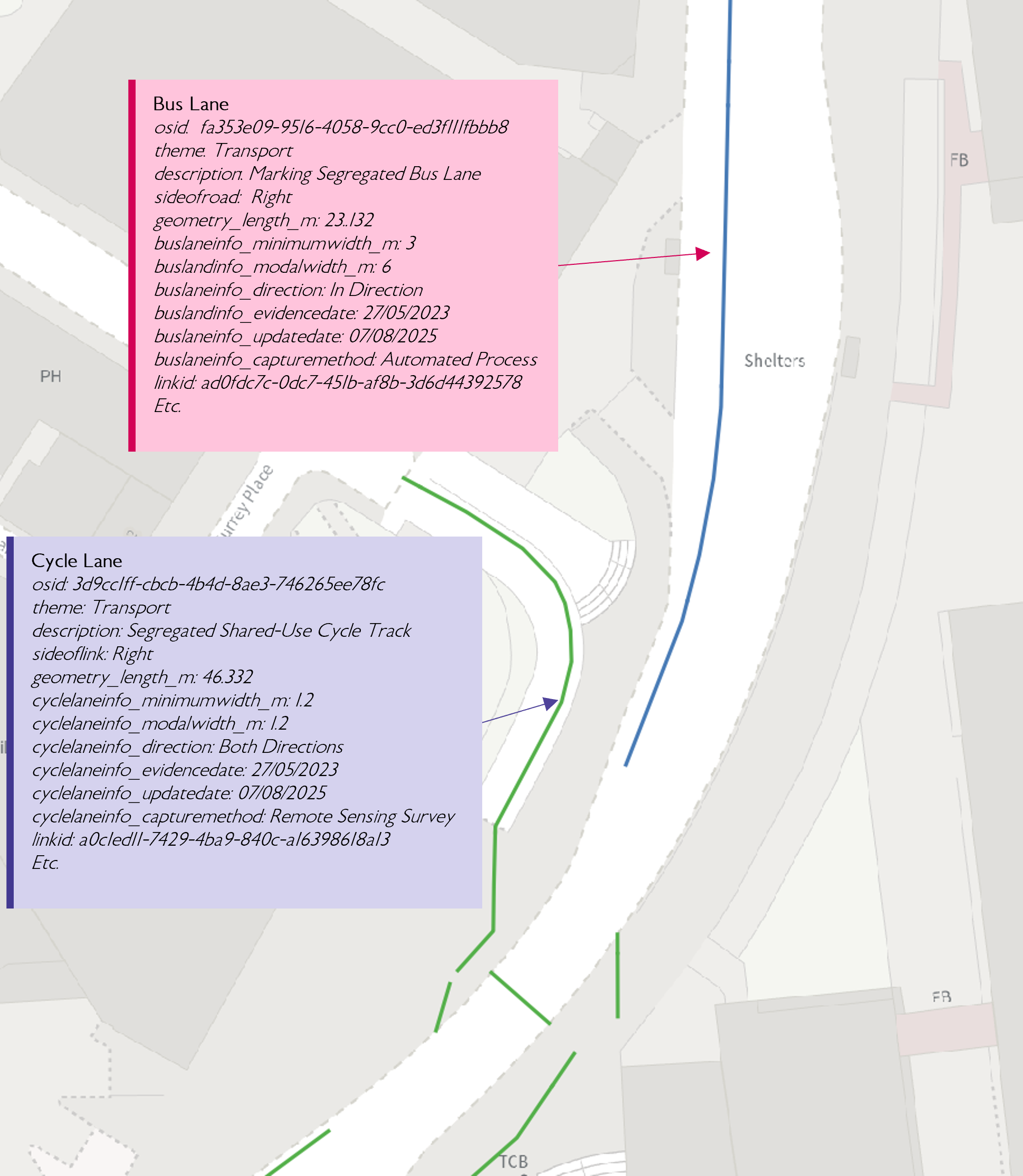 map highlighting bus and cycle lane attribution