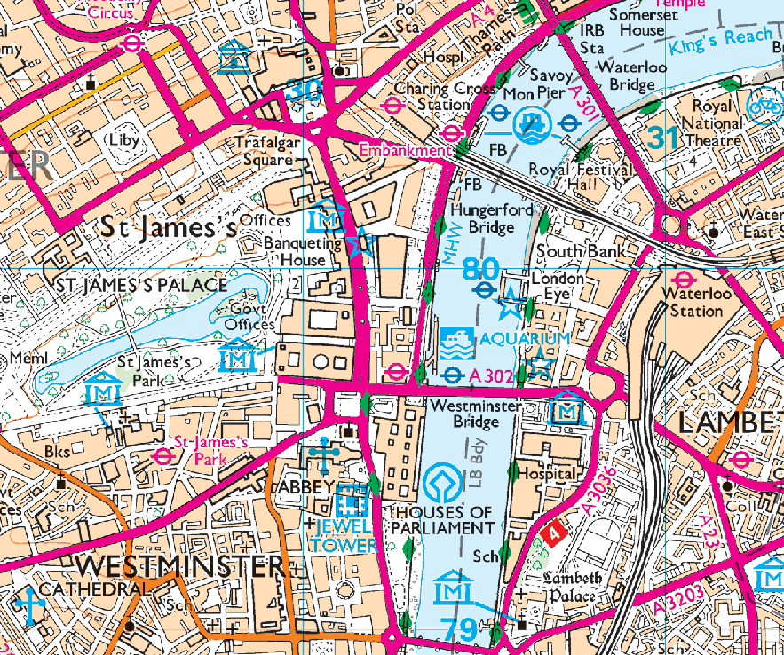 Map extract from OS 1:25,000 Explorer series showing the Westminster area. Includes detailed topographic features such as streets, building outlines, parks, and the River Thames, with standard OS symbology for roads, paths, and landmarks