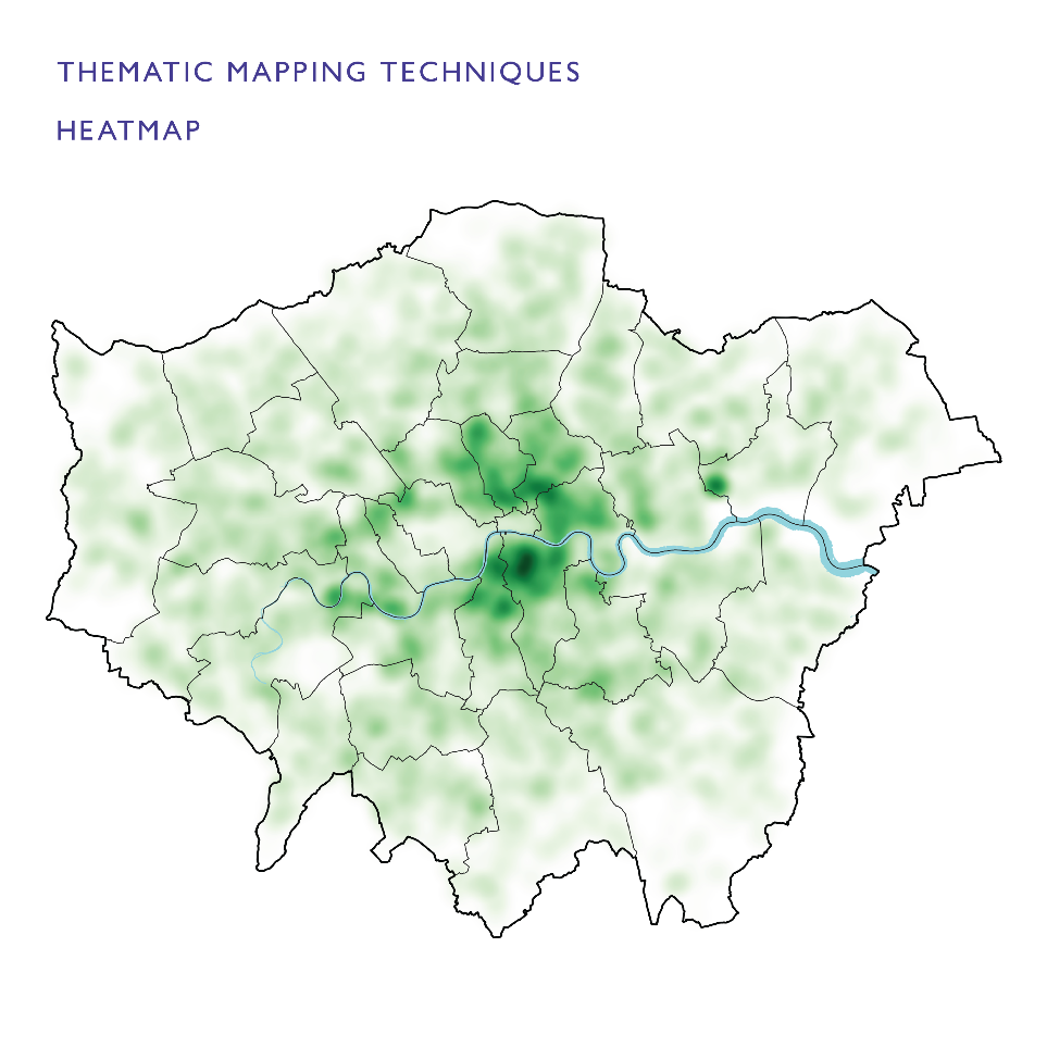 Heat map of London showing population density represented with shades of green. Darker green areas indicate higher population concentrations, while lighter green areas represent lower density, displayed across the city’s layout