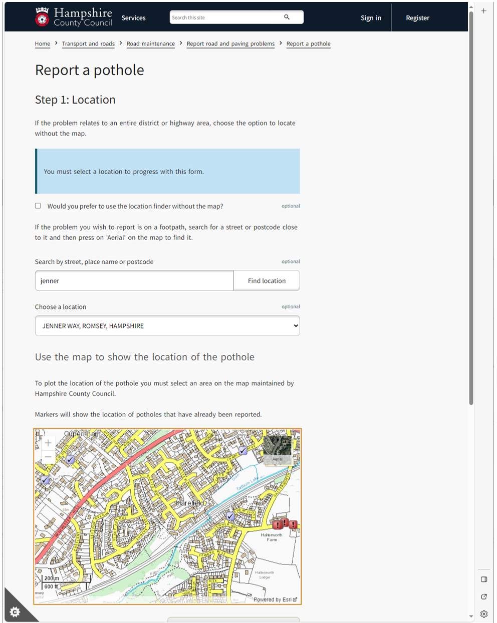 Image of Hampshire County Council website for potholes