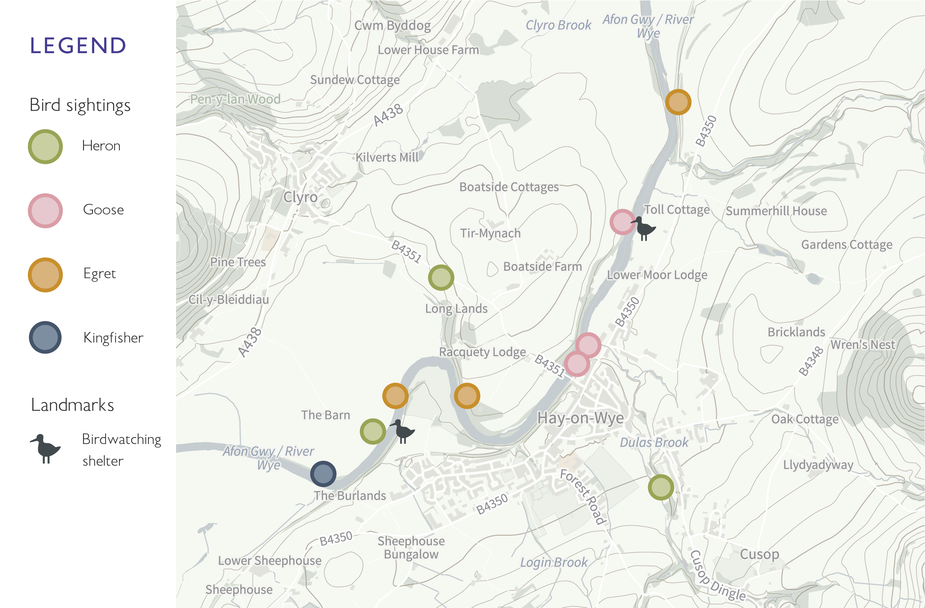 Map showing bird sightings represented by different colored symbols: heron, goose, egret, and kingfisher. The legend is emphasised, displaying these symbols along with an additional bird icon indicating locations of birdwatching shelters