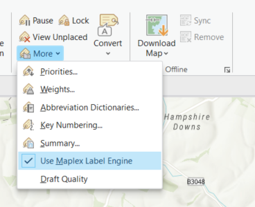 Screenshot of the ArcGIS Pro interface showing the settings window for enabling the Maplex Label Engine. The dialog includes an option to turn on Maplex for advanced label placement and styling within the map project