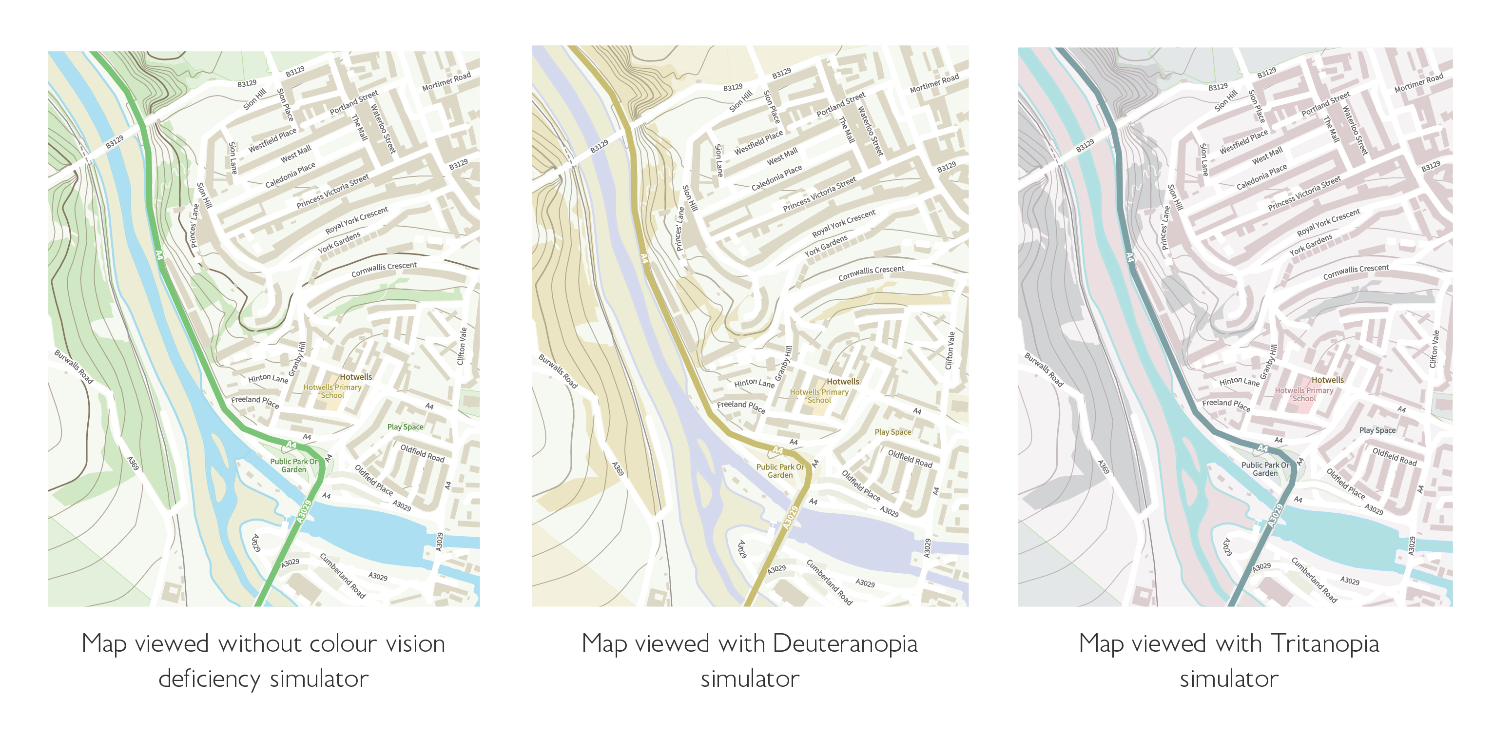 Extracts from OS Open Zoomstack displayed without a colour vision deficiency simulator applied, showing standard map colours for features such as roads, vegetation, water, and contour lines, one viewed through a Deuteranopia simulator and one through a Tritanopia simulator