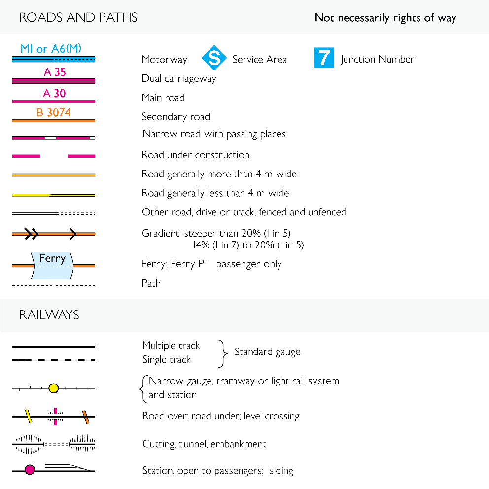 Section of the Ordnance Survey 1:25,000 Explorer map legend showing road and railway symbols, including representations for motorways, A and B roads, minor roads, and railway lines with station markers