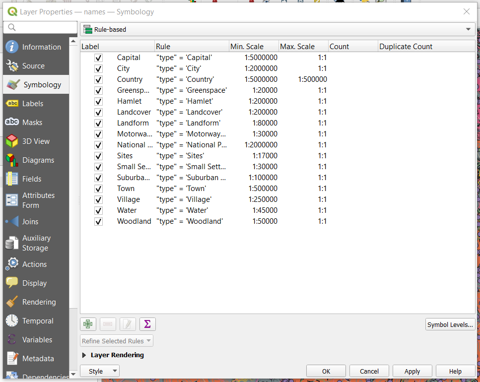 Screenshot of the QGIS Layer Properties window showing the Symbology settings. The interface includes options for changing the visual style of a layer, such as color, fill, line style, and symbol type, with a preview of the selected symbology