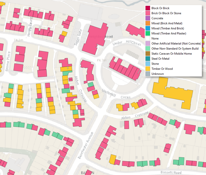 Map of Buildings styled by Construction Type
