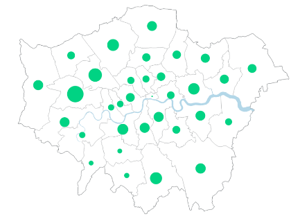Proportional symbol map of London with green circles representing data values. Larger green circles indicate areas with higher values, while smaller circles show lower values, distributed across the city’s layout