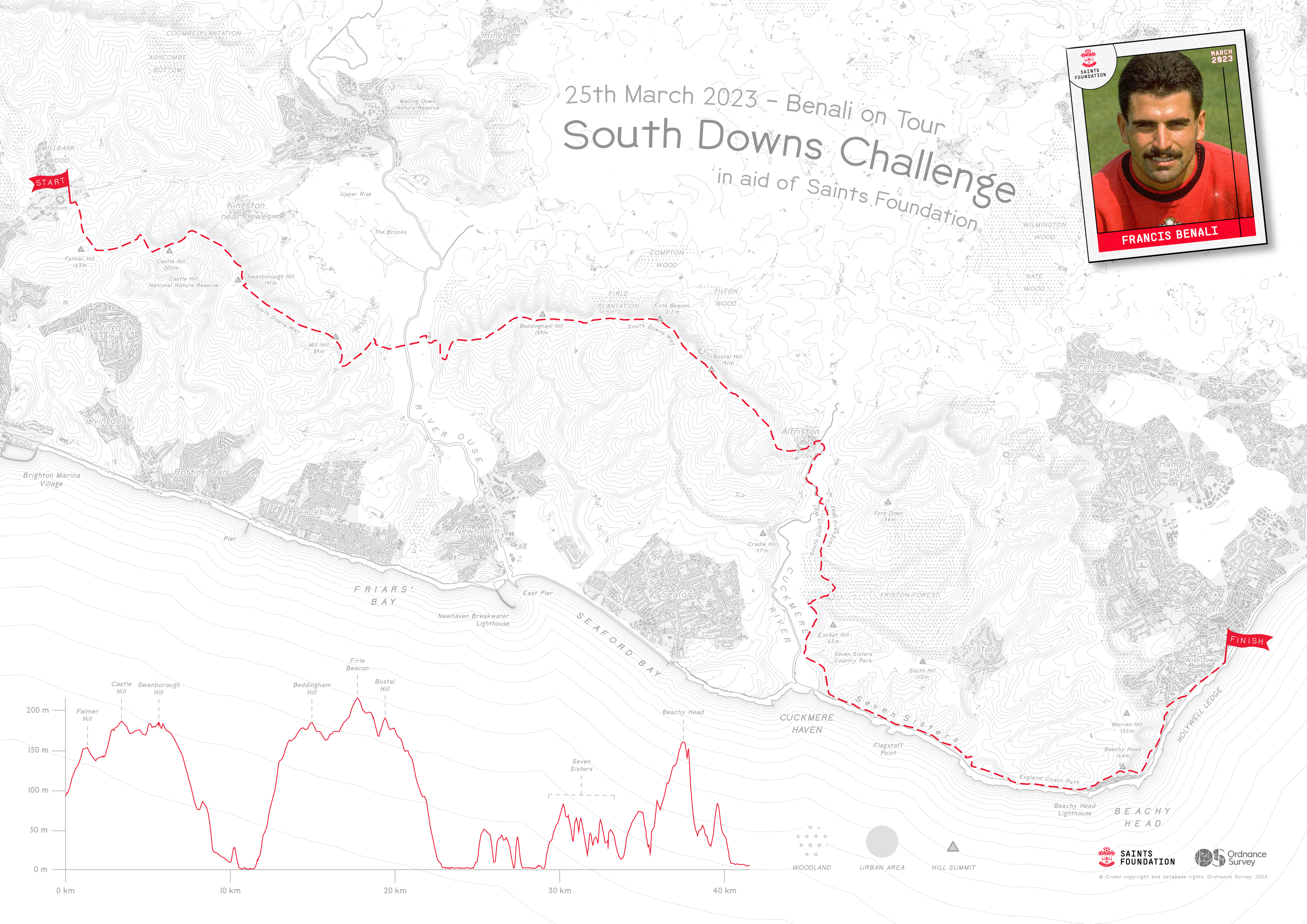 Map created for the Benali on Tour challenge in 2023, showing the route taken across the South Downs. The map highlights the path with a bold line, passing through key towns and landmarks, with surrounding terrain and countryside features visible for context