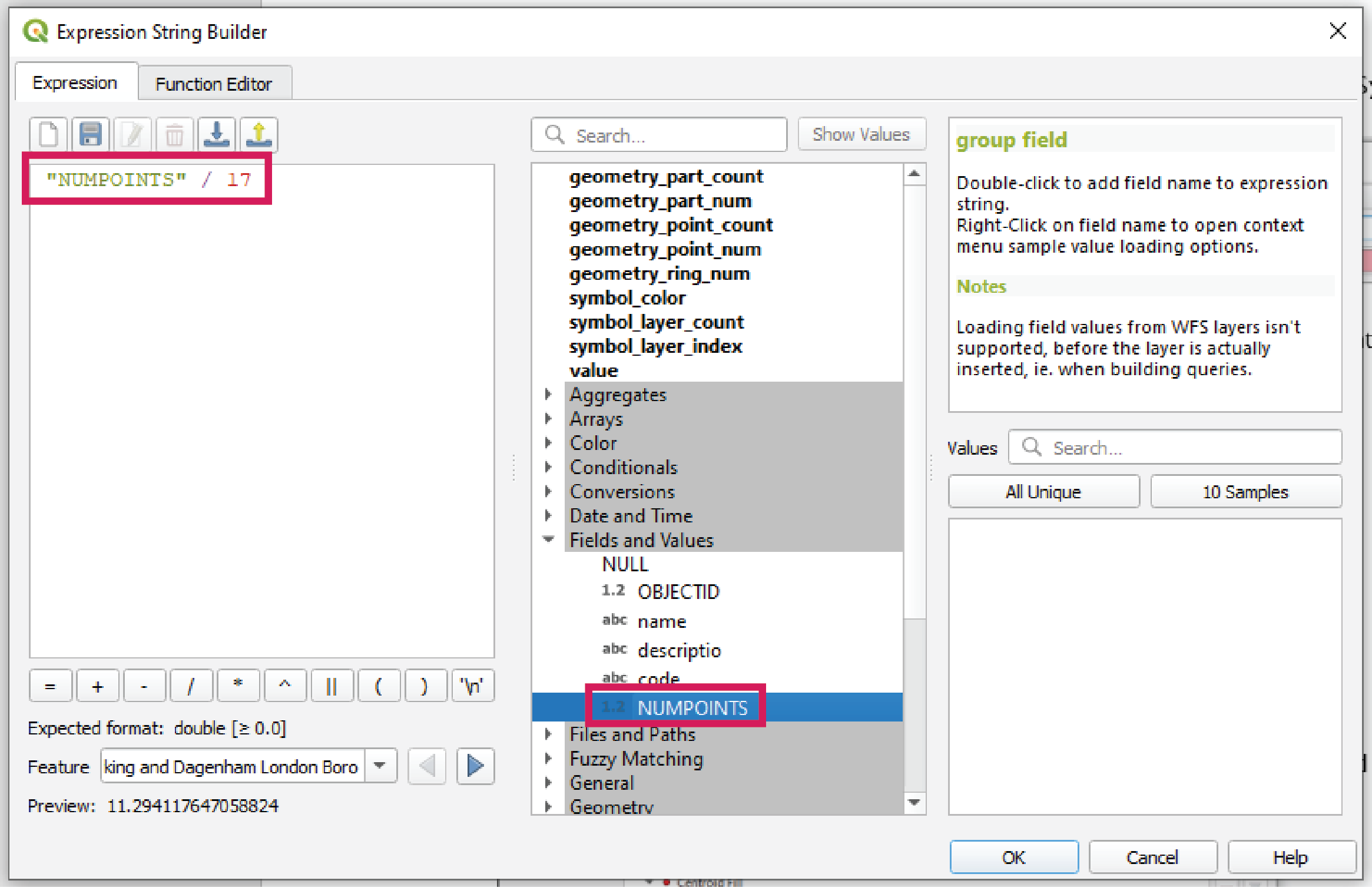 Expression String Builder dialogue window