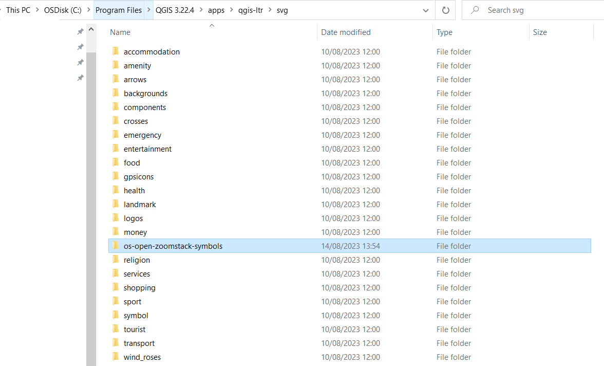 Screenshot showing the file path on the C: drive where the folder named ‘os-open-zoomstack-symbols’ should be placed. The interface displays the directory structure, highlighting the correct location for storing symbol resources used with OS Open Zoomstack