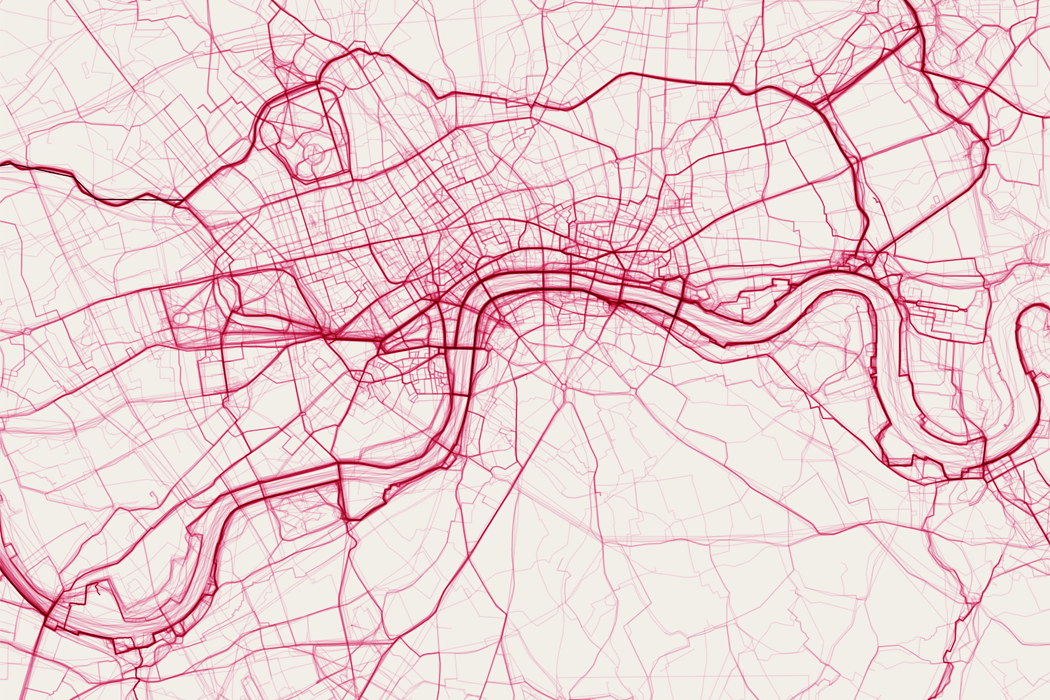 Map of London showing routes from the Ordnance Survey Maps application highlighted in red, with a multiplicity effect applied to indicate route density. Areas with higher route concentration appear darker and more layered, creating a visual heatmap effect over the city layout