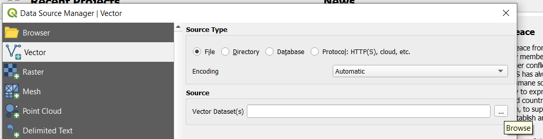 creenshot of the Data Source Manager window in QGIS, showing options for adding different types of data sources such as vector, raster, database, and web services. The interface includes tabs and input fields for configuring connections and loading data layers