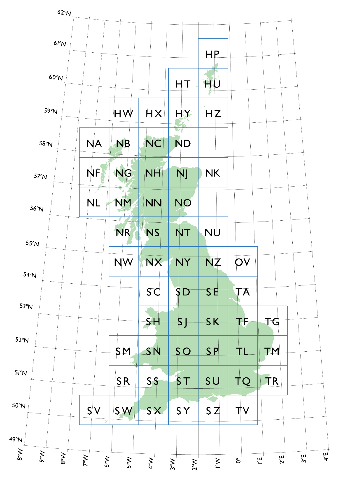 Map of Great Britain showing two coordinate reference systems: grey graticules representing latitude and longitude, and the British National Grid overlaid in blue, illustrating how the grid aligns with the country’s geography