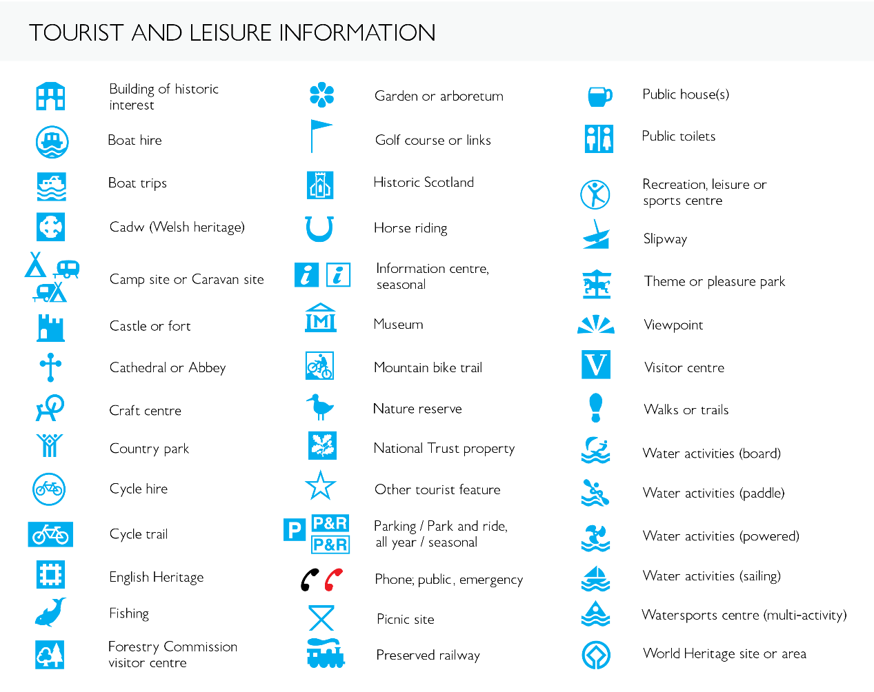 Section of the Ordnance Survey 1:25,000 Explorer map legend showing tourist symbols, including icons for campsites, picnic areas, viewpoints, museums, and other visitor attractions