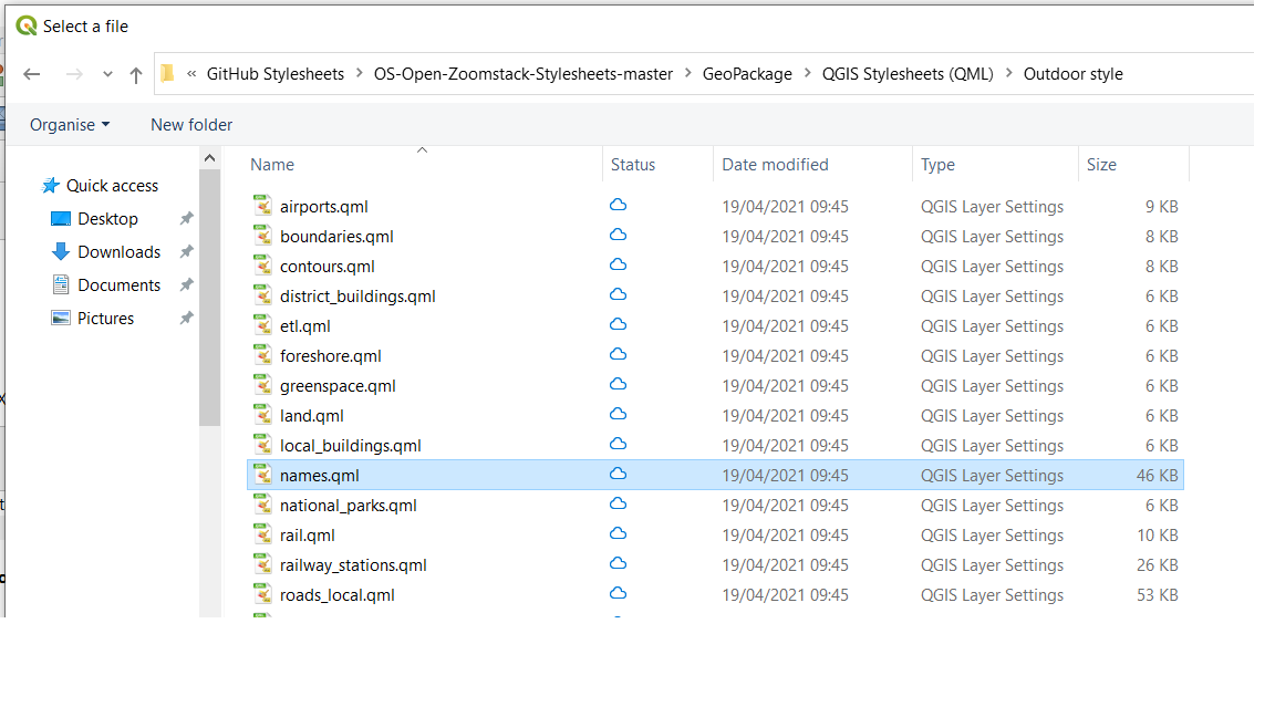 Screenshot of the QGIS interface showing the window for adding QML files. The dialog allows users to browse and select QML stylesheet files to apply predefined map styles to layers within a QGIS project