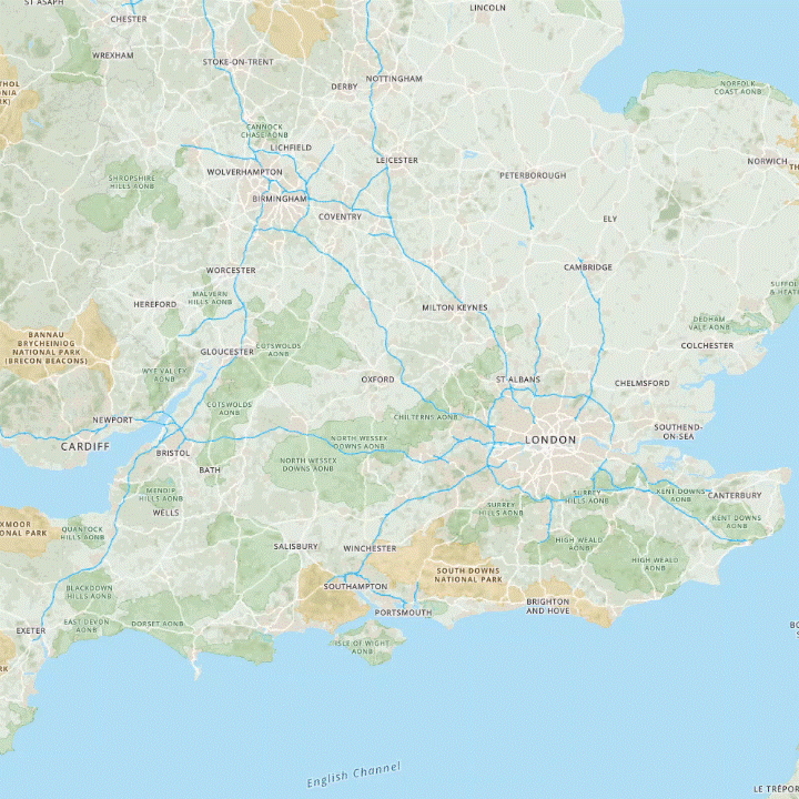  Animated GIF showing the OS Maps application zooming into Oxford, transitioning smoothly from a small-scale national view to a large-scale detailed city map with streets and landmarks becoming visible