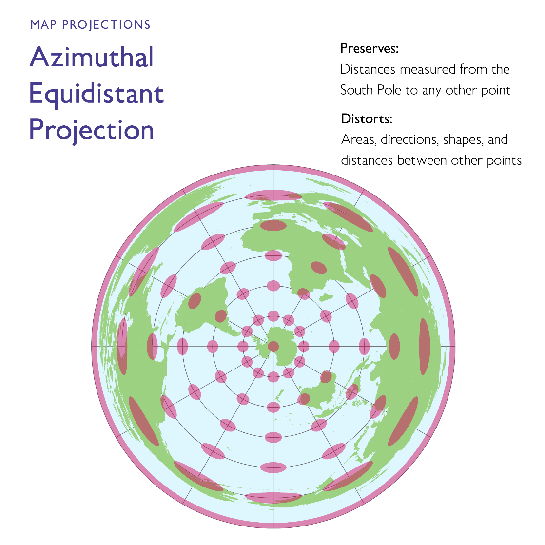 World map displayed using the Azimuthal Equidistant projection, centered on a single point so that all distances from the center are shown accurately. The map features straight radial lines from the center and concentric circles representing equal distances, with increasing distortion toward the edges