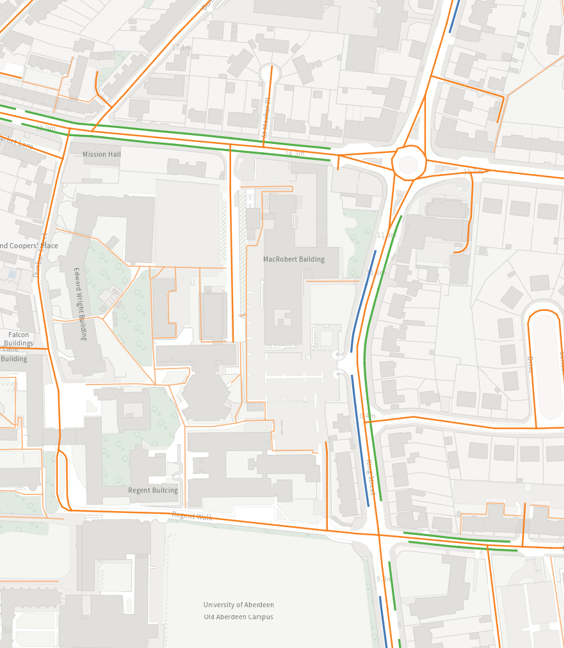 map showing Road links, cycle lanes and bus lanes