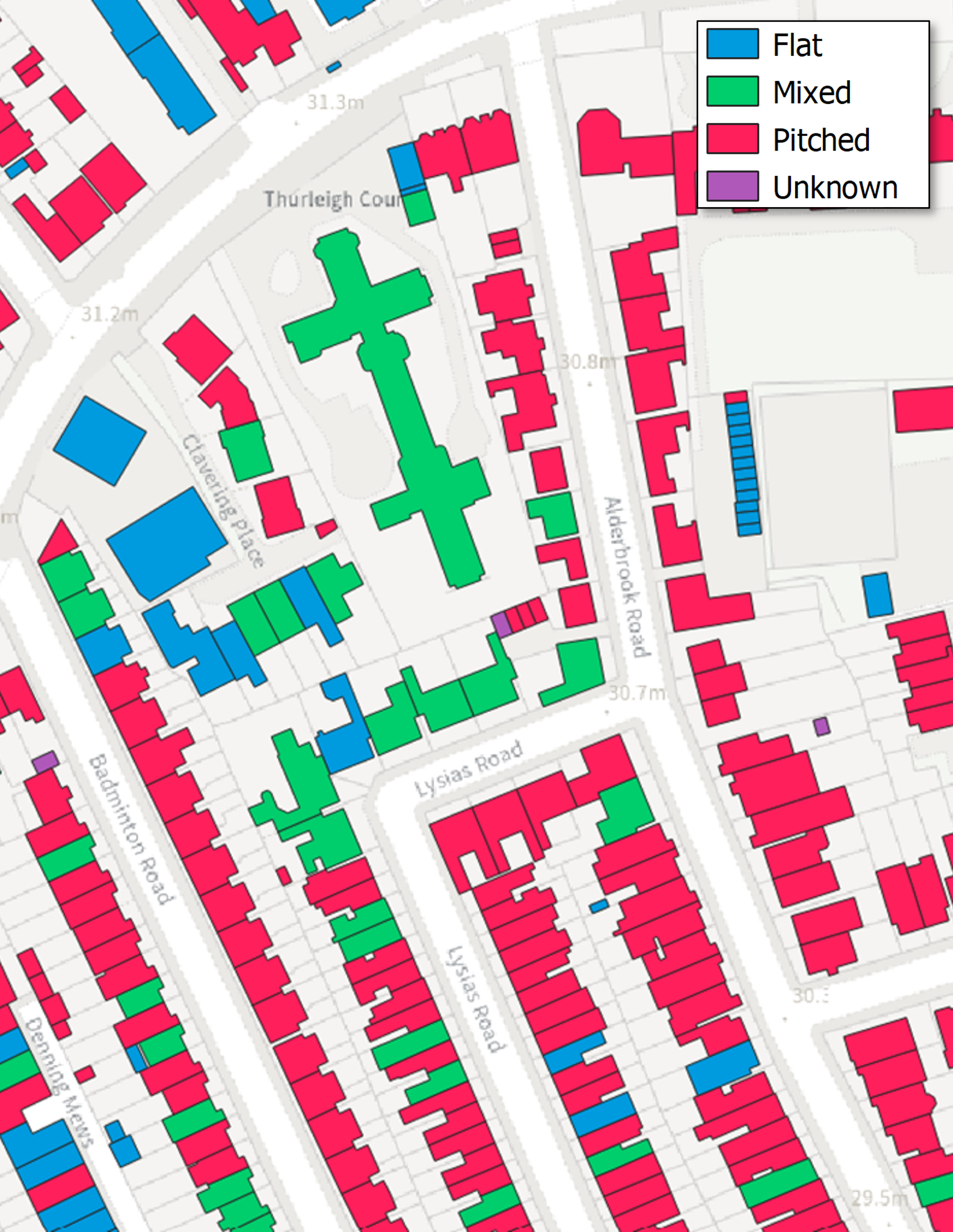 Map of Buildings styled by Roof Shape