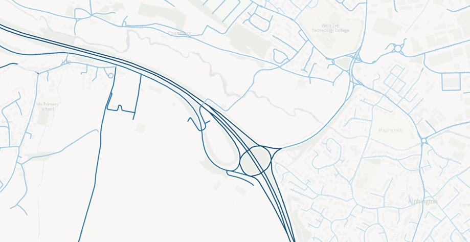 Map of OS NGD Transport RAMI styled by speeds data