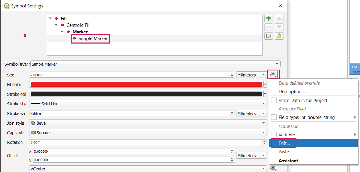 Data defined override’ button next to ‘Size’ and click ‘Edit…'