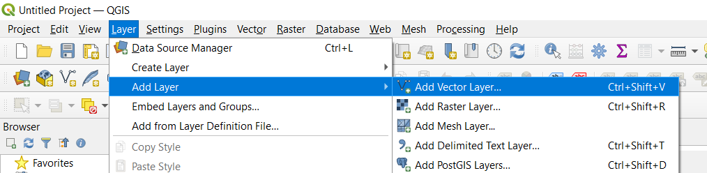 creenshot of the Add Layer window in QGIS, showing options for adding different types of layers to a map project. The interface includes buttons and tabs for adding vector layers, raster layers, and other data sources