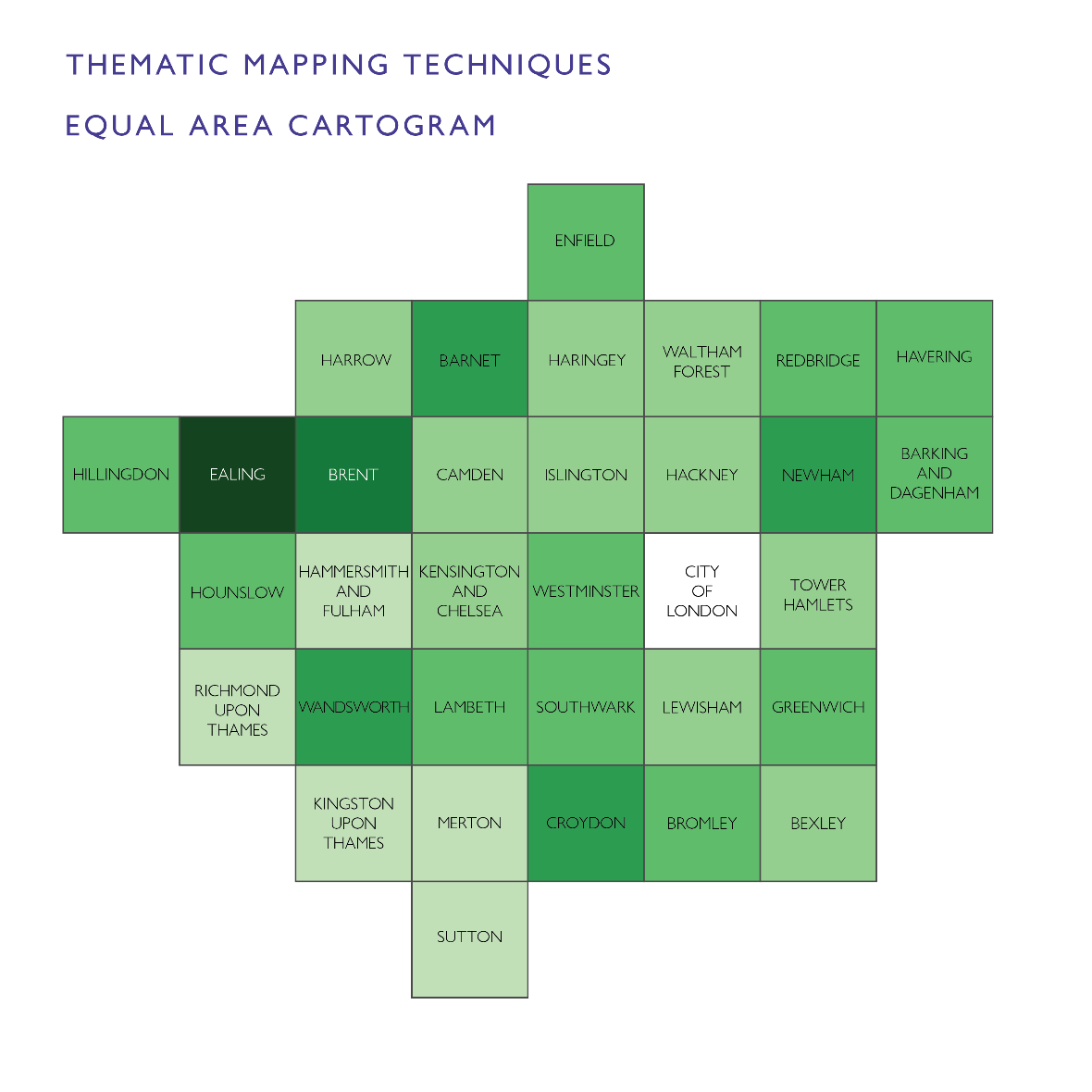 qual-area cartogram of London showing population distribution. Boroughs are sized equally, whilst maintaining overall geographic arrangement. The map uses shades of green, with darker tones indicating higher population values