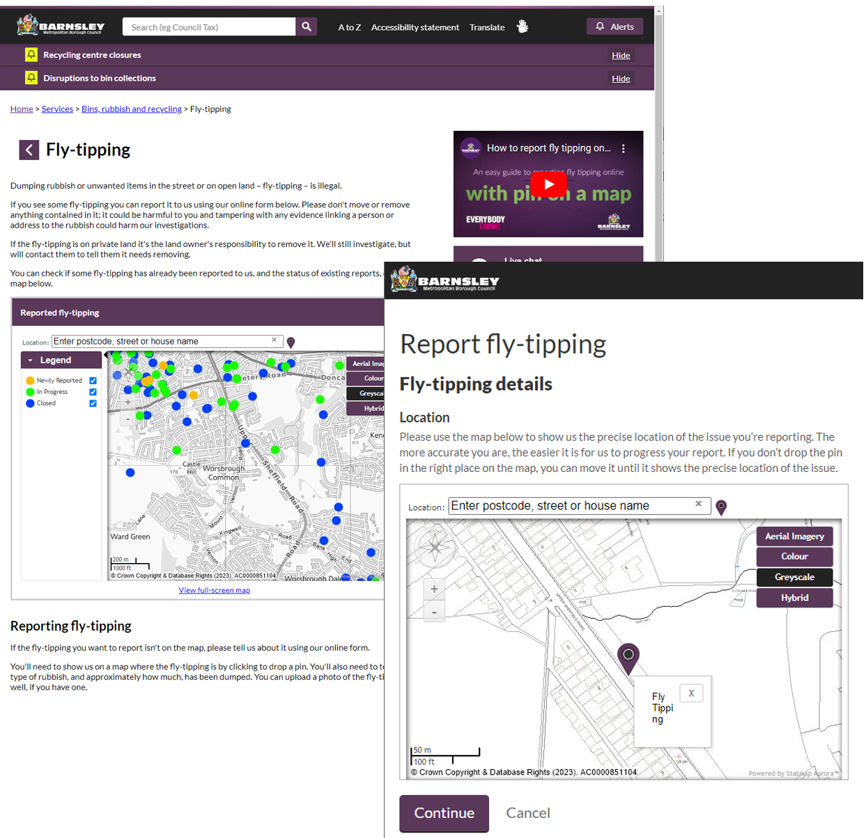 Image of Barnsley Council website for fly-tipping
