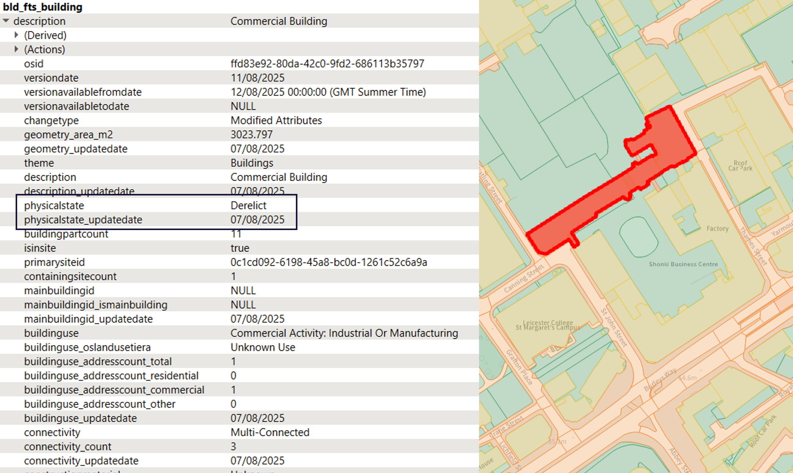 Map and attribution of a building highlighting the physical state attributes