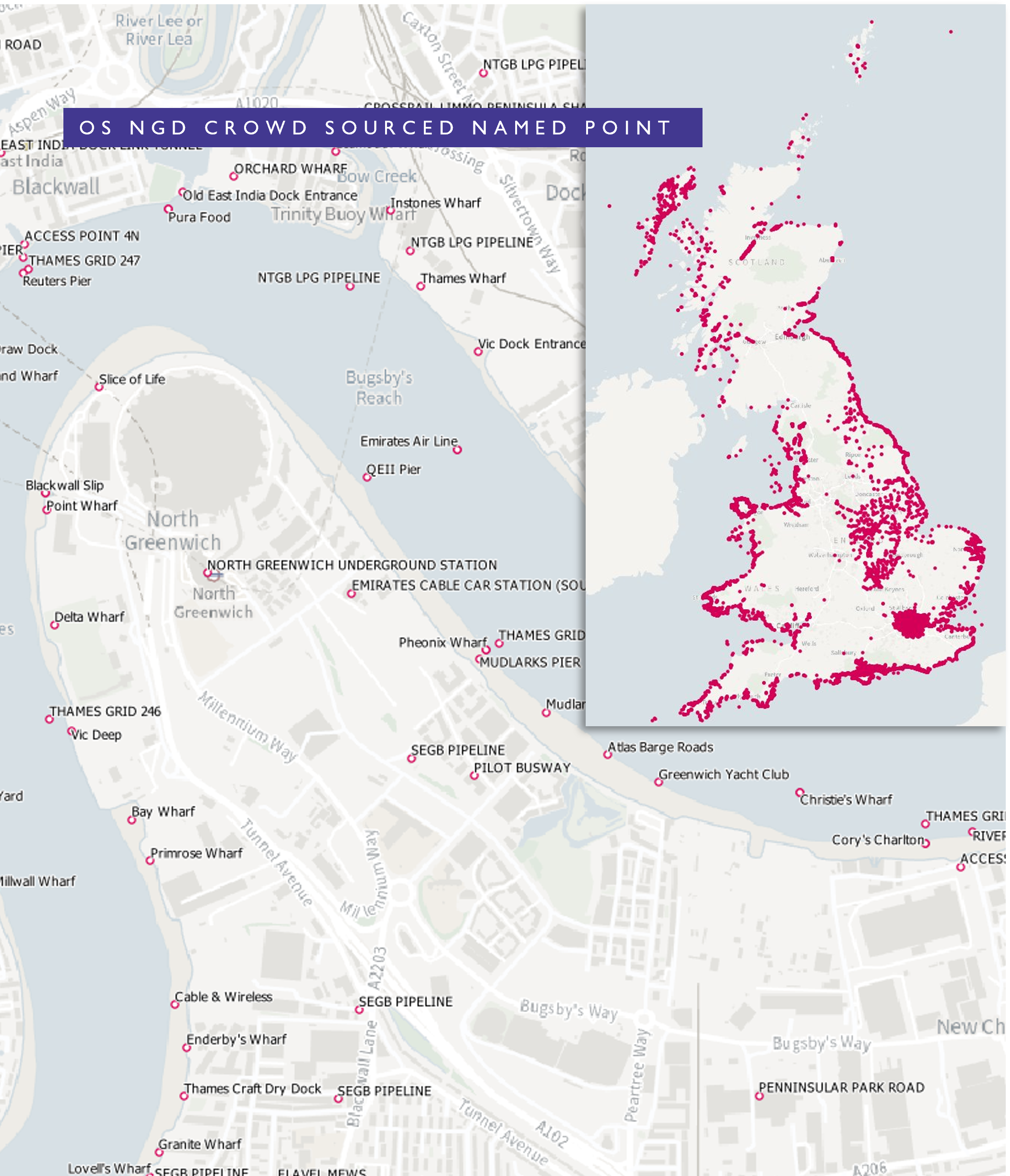Crowd Sourced Named Point data in London and a map showing the distribution across GB