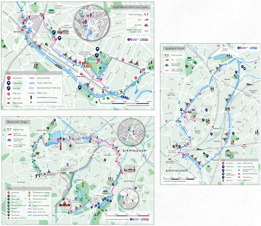 Three maps created for British Cycling shown side by side as part of a consistent series. Each map uses the same color palette, fonts, and symbol set for roads, cycle routes, and landmarks, demonstrating uniform design principles across the series