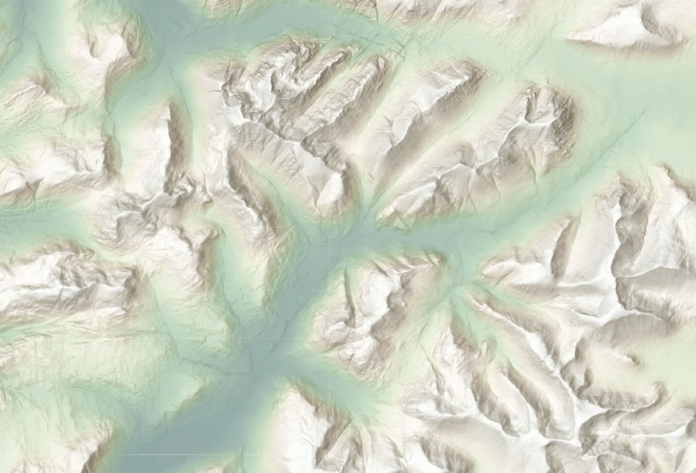 Map visualization using hypsometric tint combined with hill shading. Elevation is shown with a color ramp transitioning from darker shades for lower terrain to lighter shades for higher terrain, while hill shading adds shadows and highlights to emphasise relief and landform shapes