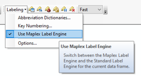 Screenshot of the ArcMap interface showing the settings window for enabling the Maplex Label Engine. The dialog includes an option to turn on Maplex for advanced label placement and styling within the map project.