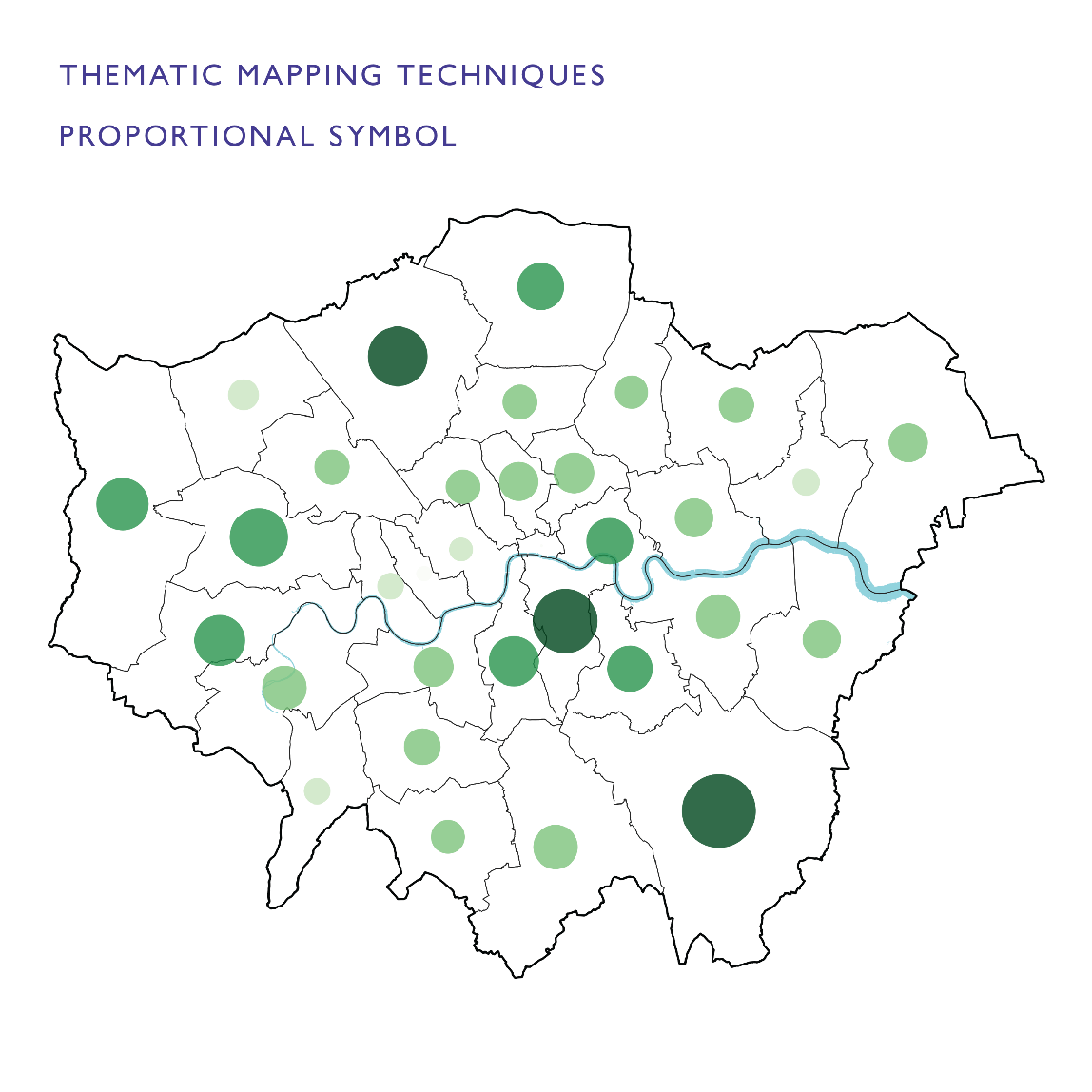 Proportional symbol map of London with green circles representing data values. Larger green circles indicate areas with higher values, while smaller circles show lower values, distributed across the city’s layout