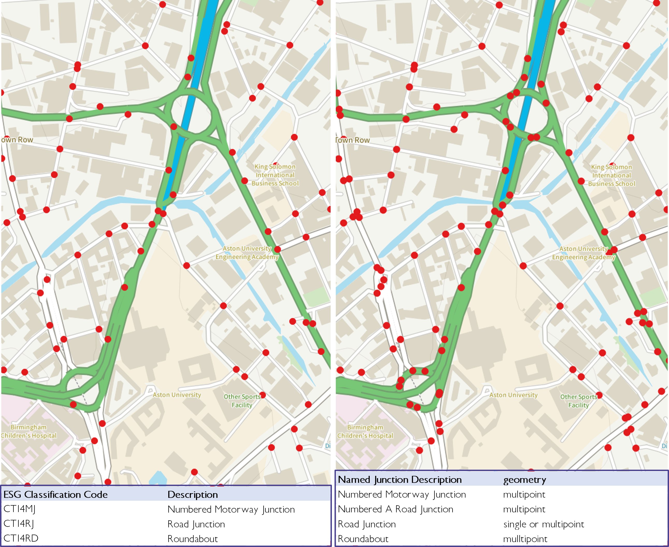 Comparison of OS Emergency Services Gazetteer (left) and Road Junctions (right)