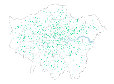 Dot density map of London with green dots representing population distribution. Dense clusters of green dots indicate areas of higher population concentration, while sparse dots show lower-density regions across the city