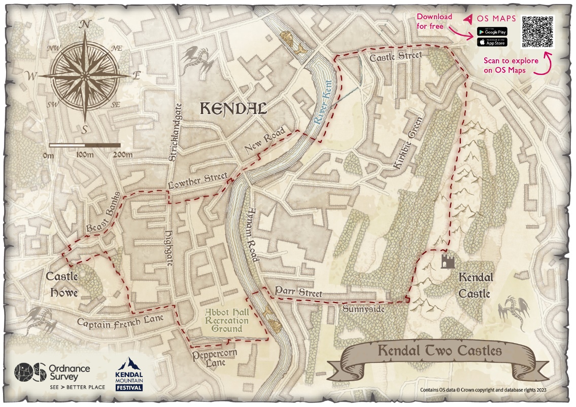Pirate-themed treasure map created for the Kendal Mountain Festival. The map features stylized elements such as a parchment background, decorative fonts, and a north arrow designed as a compass rose, reinforcing the nautical and adventure theme