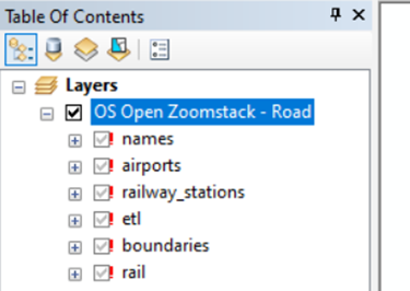 Screenshot of the ArcMap Table of Contents panel showing the layers from OS Open Zoomstack. Several layers display red exclamation marks next to their names, indicating broken data source links that need to be repaired