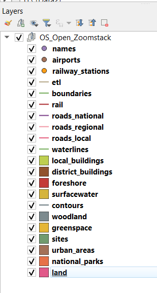 Screenshot of the QGIS Layers panel showing the layer order for map data. The list displays multiple layers arranged in a specific sequence, such as land, roads, buildings, and labels, to ensure correct rendering and styling in the map project
