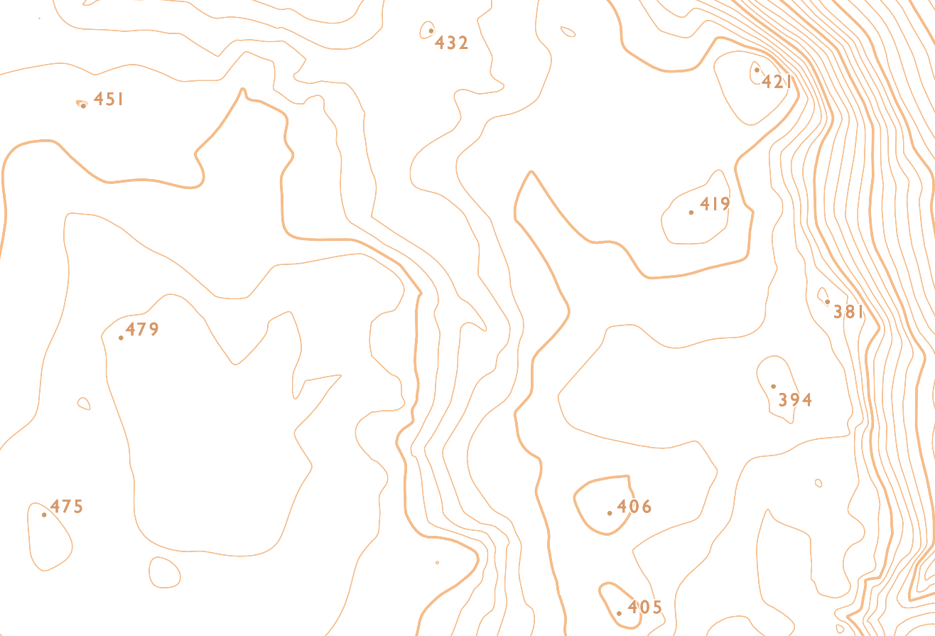 Map extract showing contour lines and spot heights with numeric values. Contour lines illustrate elevation changes across the terrain, while spot heights mark specific points with their exact elevation in meters, providing detailed topographic information