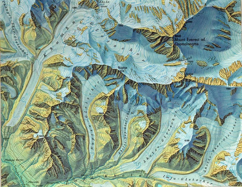 Hand-painted map of Mount Everest by Eduard Imhof, featuring detailed shaded relief in earthy tones to depict rugged mountain terrain, steep slopes, and surrounding valleys with precise cartographic artistry