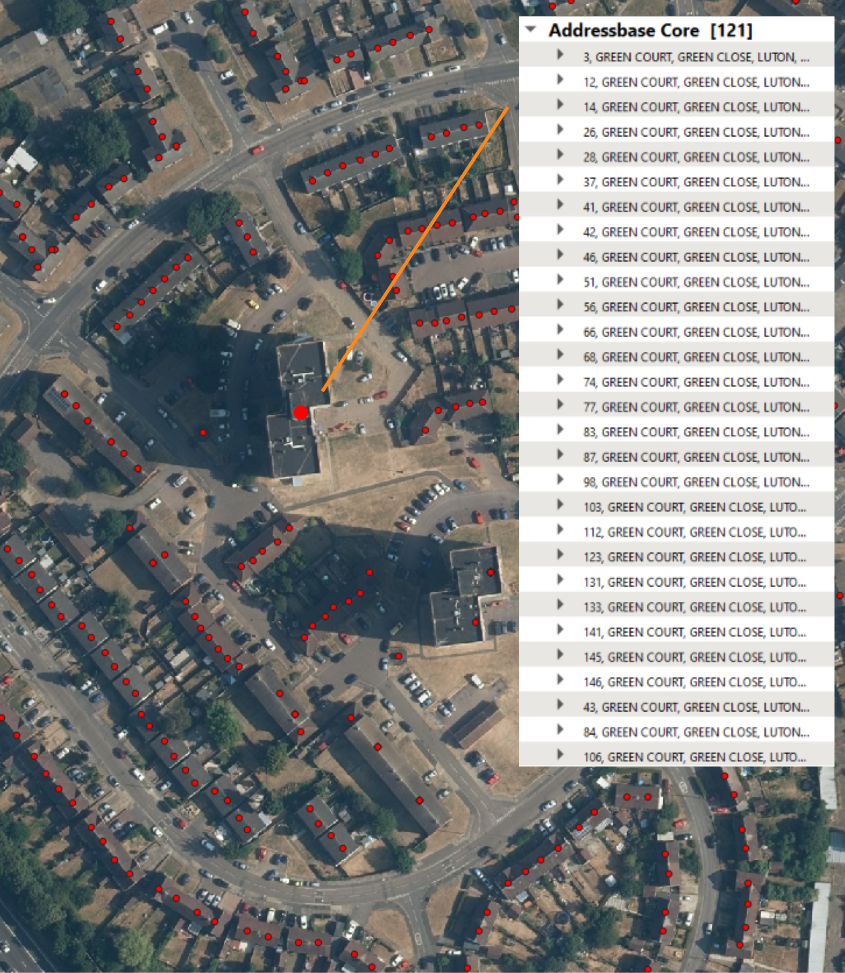 aerial image of a block of flats with a list of addresses