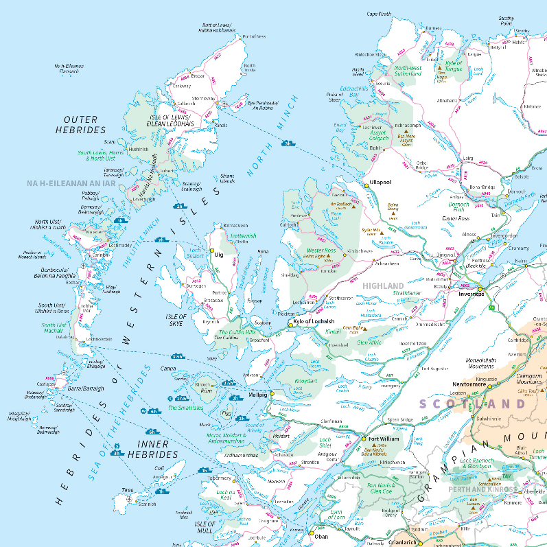 Extract from OS Miniscale map showing small-scale mapping of Great Britain. The map displays the entire country with minimal detail, using generalised features for major roads, settlements, and coastline to illustrate the concept of small-scale cartography