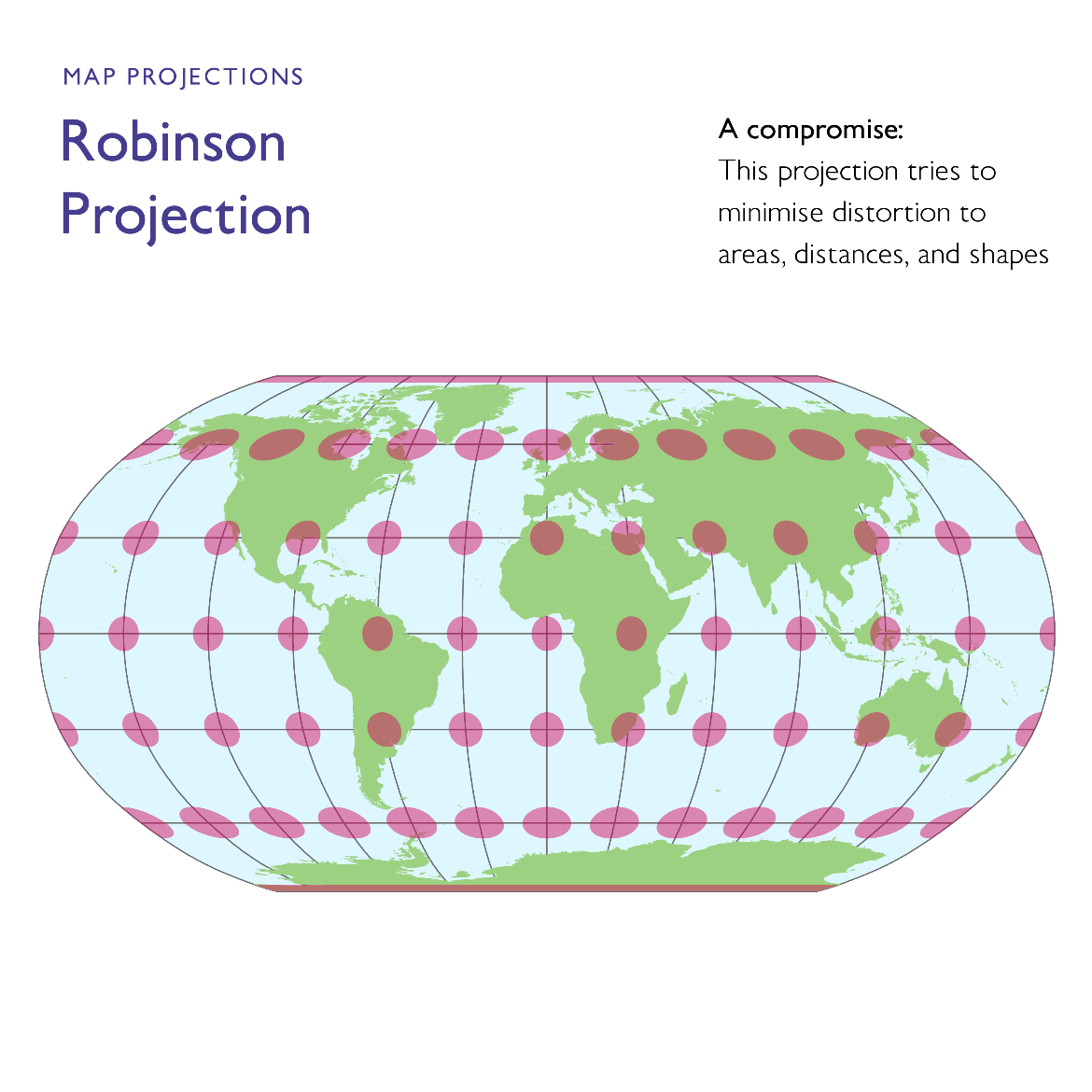 World map displayed using the Robinson projection, featuring a visually balanced representation of continents and oceans. Shapes and sizes are moderately distorted to create an aesthetically pleasing compromise between area and form, with curved meridians and straight parallels